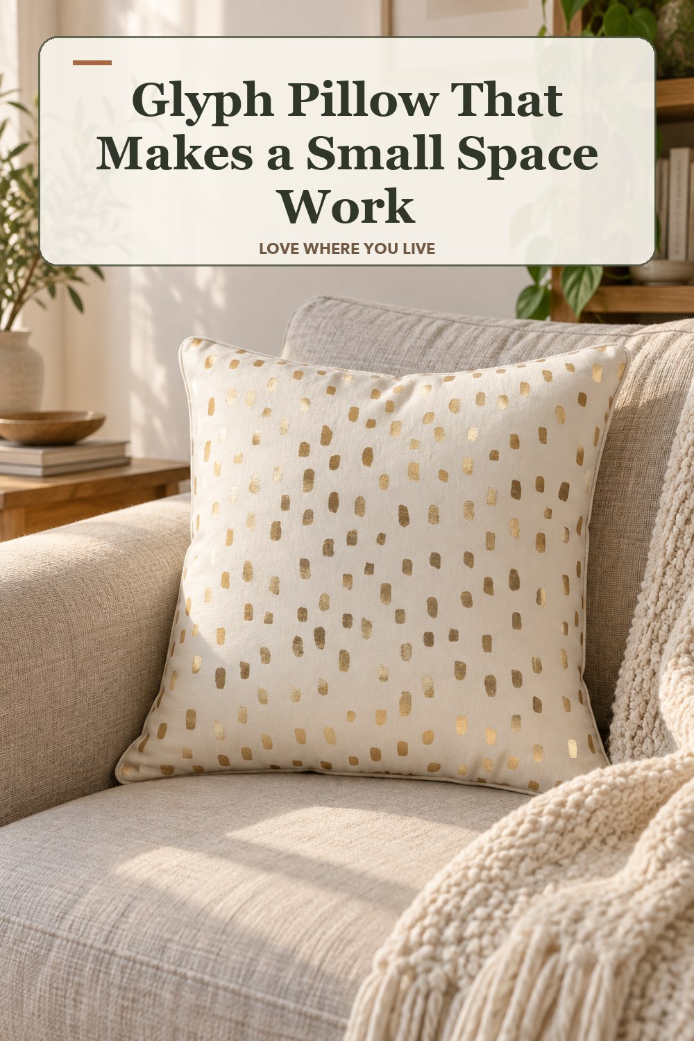 Warm natural-light apartment scene featuring the exact Glyph Pillow in shown finish, with the headline: Glyph Pillow That Makes a Small Space Work.