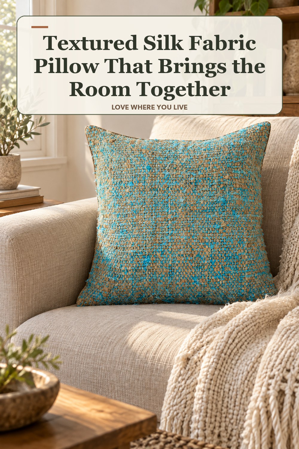 Warm natural-light apartment scene featuring the exact Textured Silk Fabric Pillow in Blue Natural 18 Inch, with the headline: Textured Silk Fabric Pillow That Brings the Room Together.