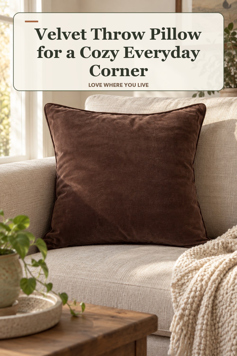 Warm natural-light apartment scene featuring the exact Velvet Throw Pillow in Brown 18 Inch, with the headline: Velvet Throw Pillow for a Cozy Everyday Corner.