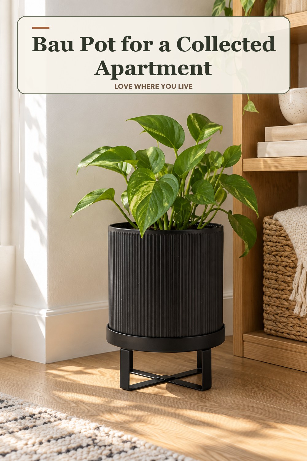 Warm natural-light apartment scene featuring the exact Bau Pot in Black Small: 7 in diameter, with the headline: Bau Pot for a Collected Apartment.