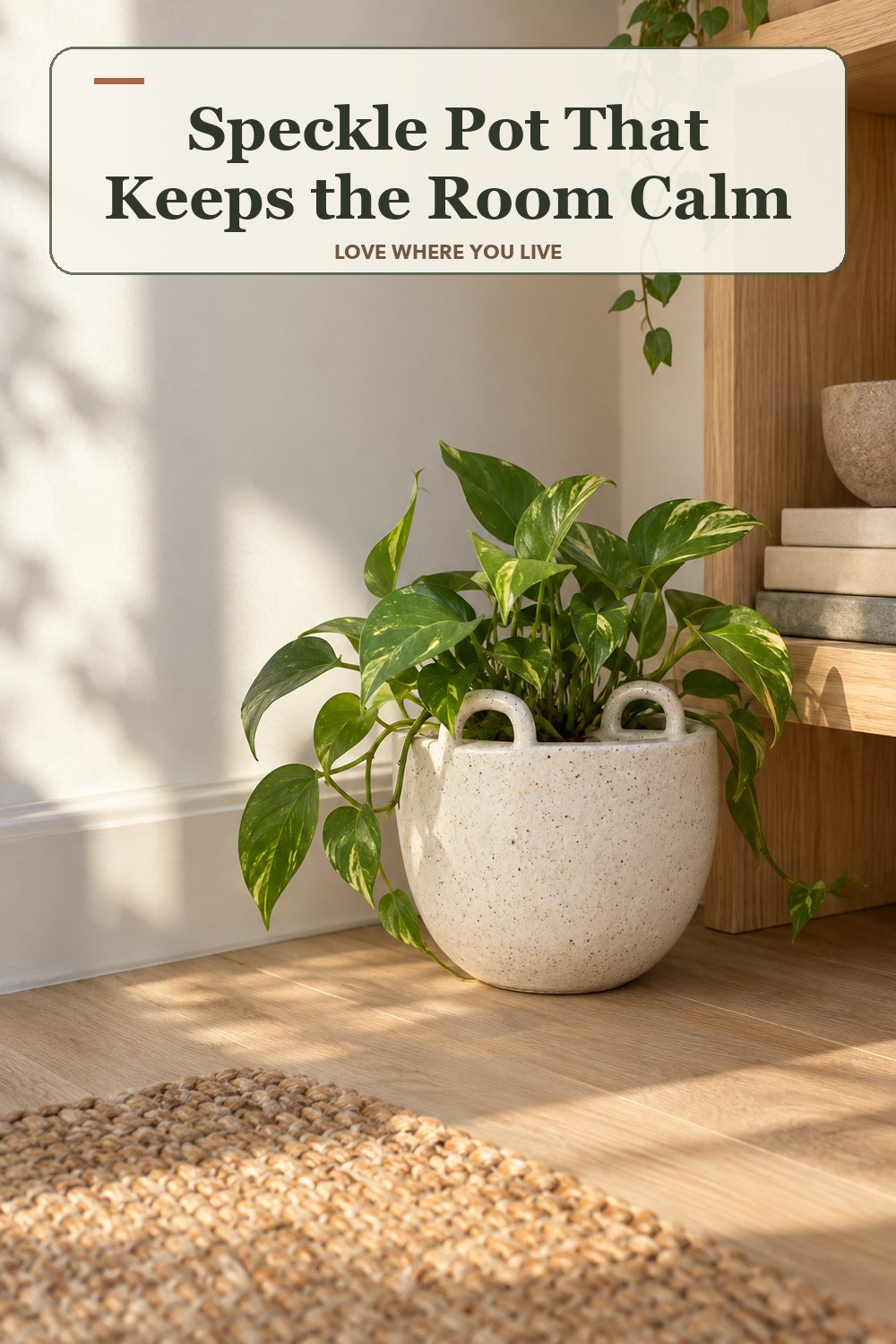 Warm natural-light apartment scene featuring the exact Speckle Pot in Small: 7.3 in diameter, with the headline: Speckle Pot That Keeps the Room Calm.