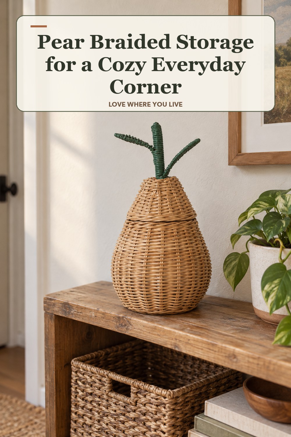 Warm natural-light apartment scene featuring the exact Pear Braided Storage in Small: 7.5 in diameter, with the headline: Pear Braided Storage for a Cozy Everyday Corner.
