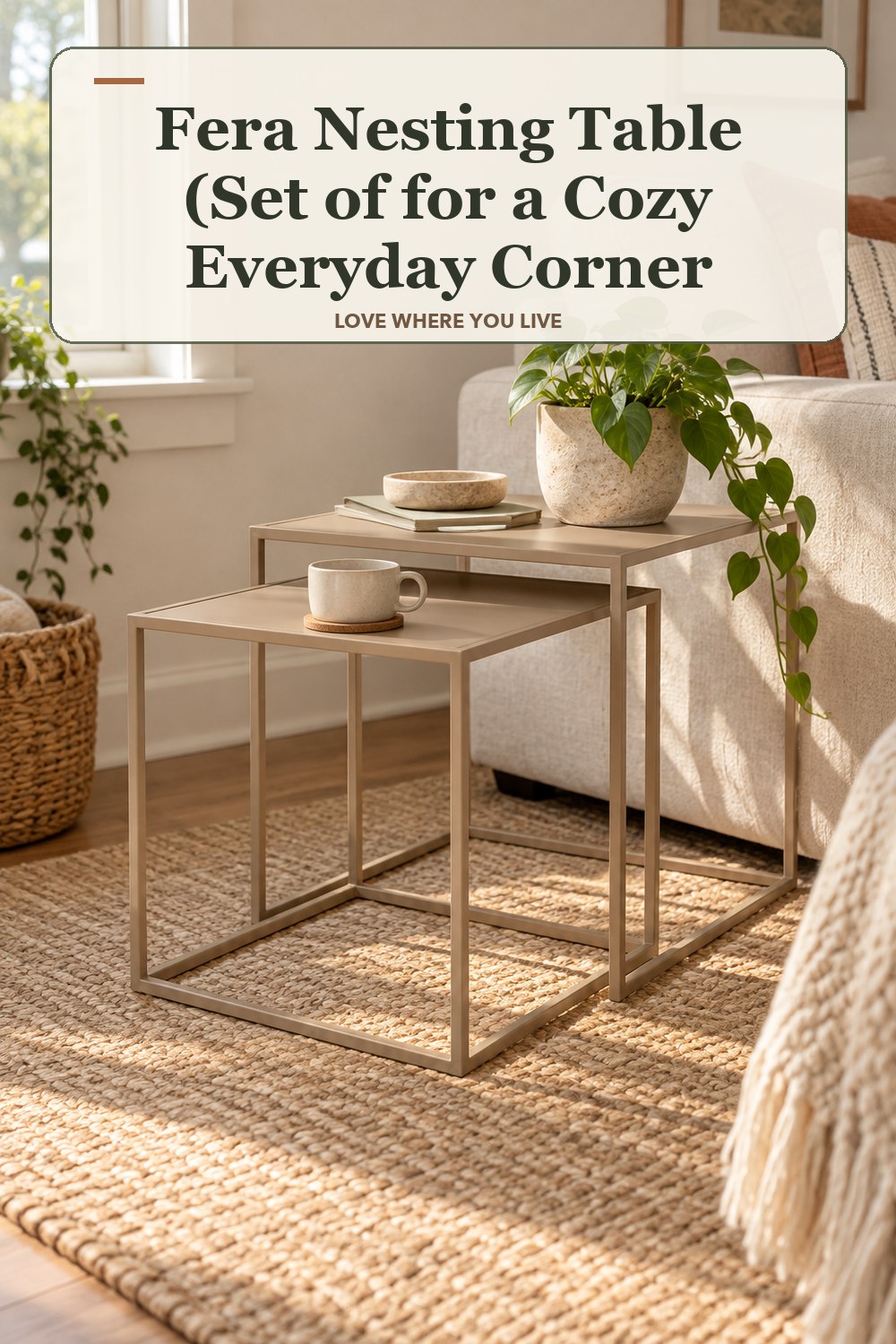 Warm natural-light apartment scene featuring the exact Fera Nesting Table (Set of 2) in Nomad Square, with the headline: Fera Nesting Table (Set of for a Cozy Everyday Corner.