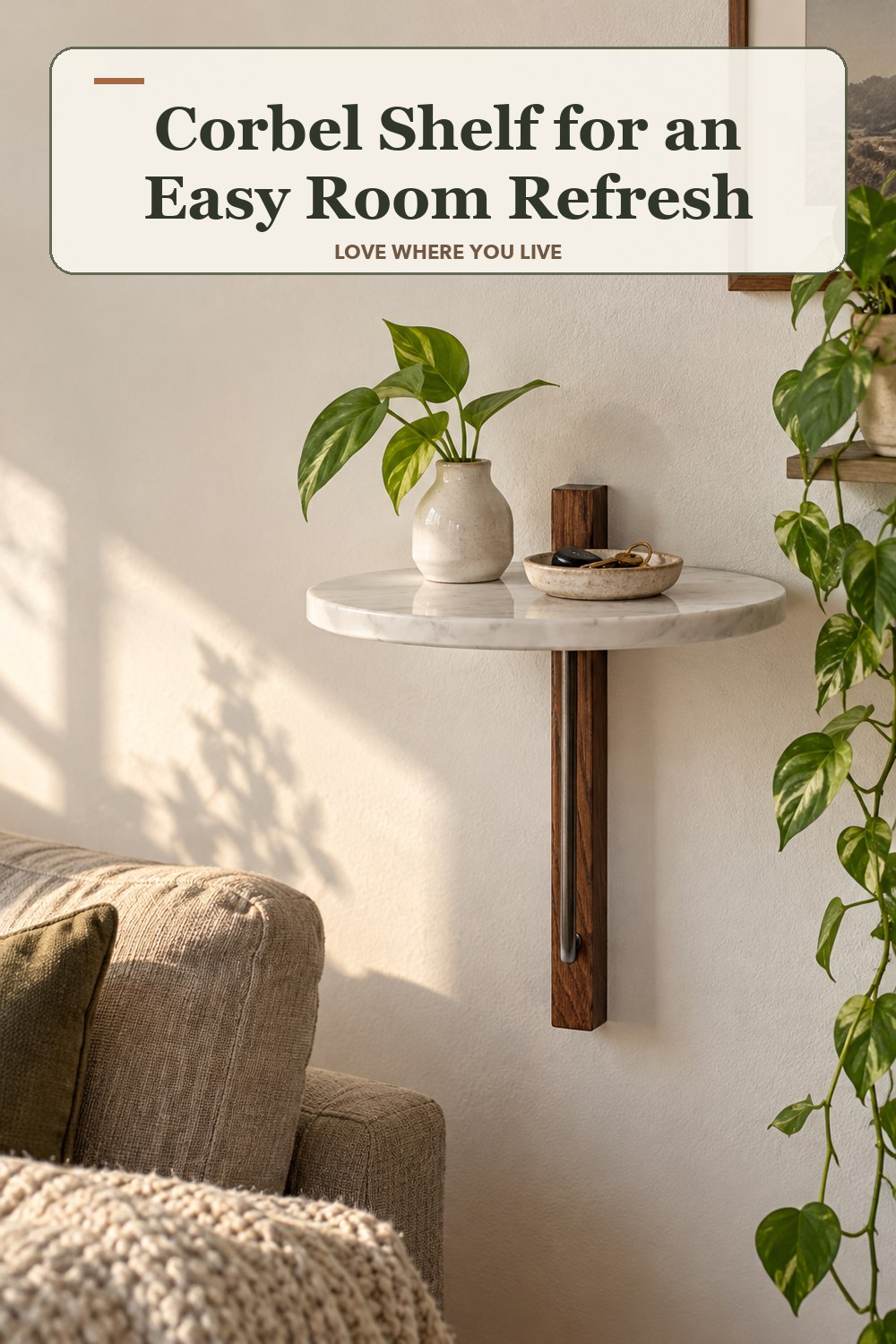 Warm natural-light apartment scene featuring the exact Corbel Shelf in shown finish, with the headline: Corbel Shelf for an Easy Room Refresh.
