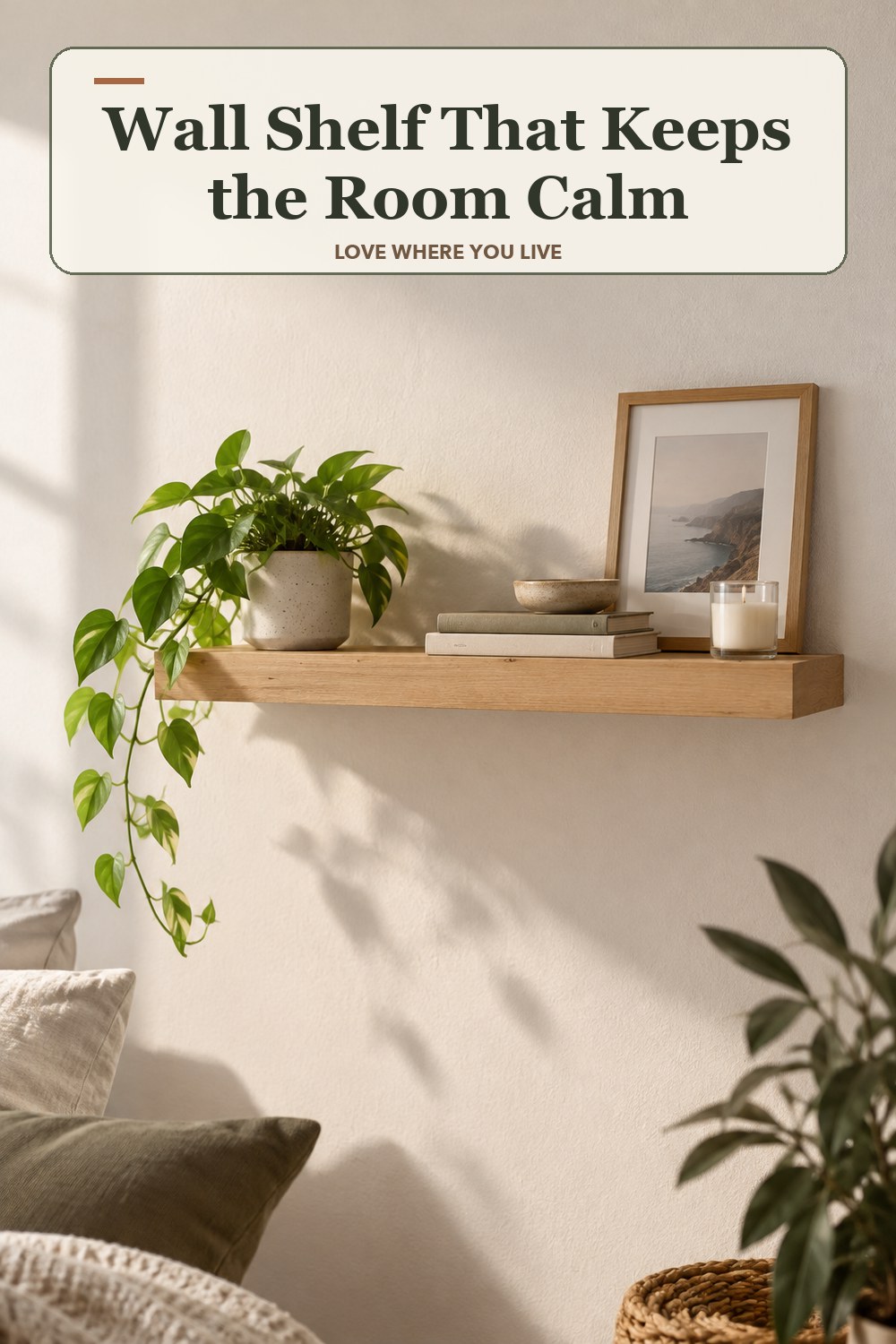 Warm natural-light apartment scene featuring the exact Wall Shelf in Small: 27.6 in width, with the headline: Wall Shelf That Keeps the Room Calm.