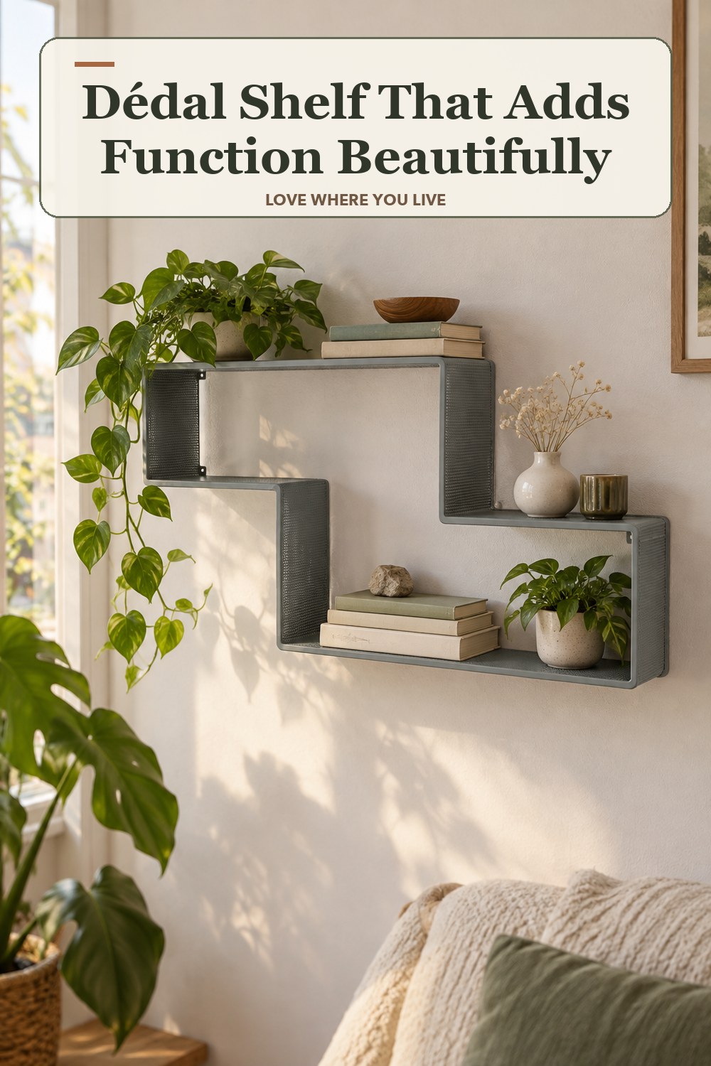 Warm natural-light apartment scene featuring the exact Dédal Shelf in Stone Grey, with the headline: Dédal Shelf That Adds Function Beautifully.