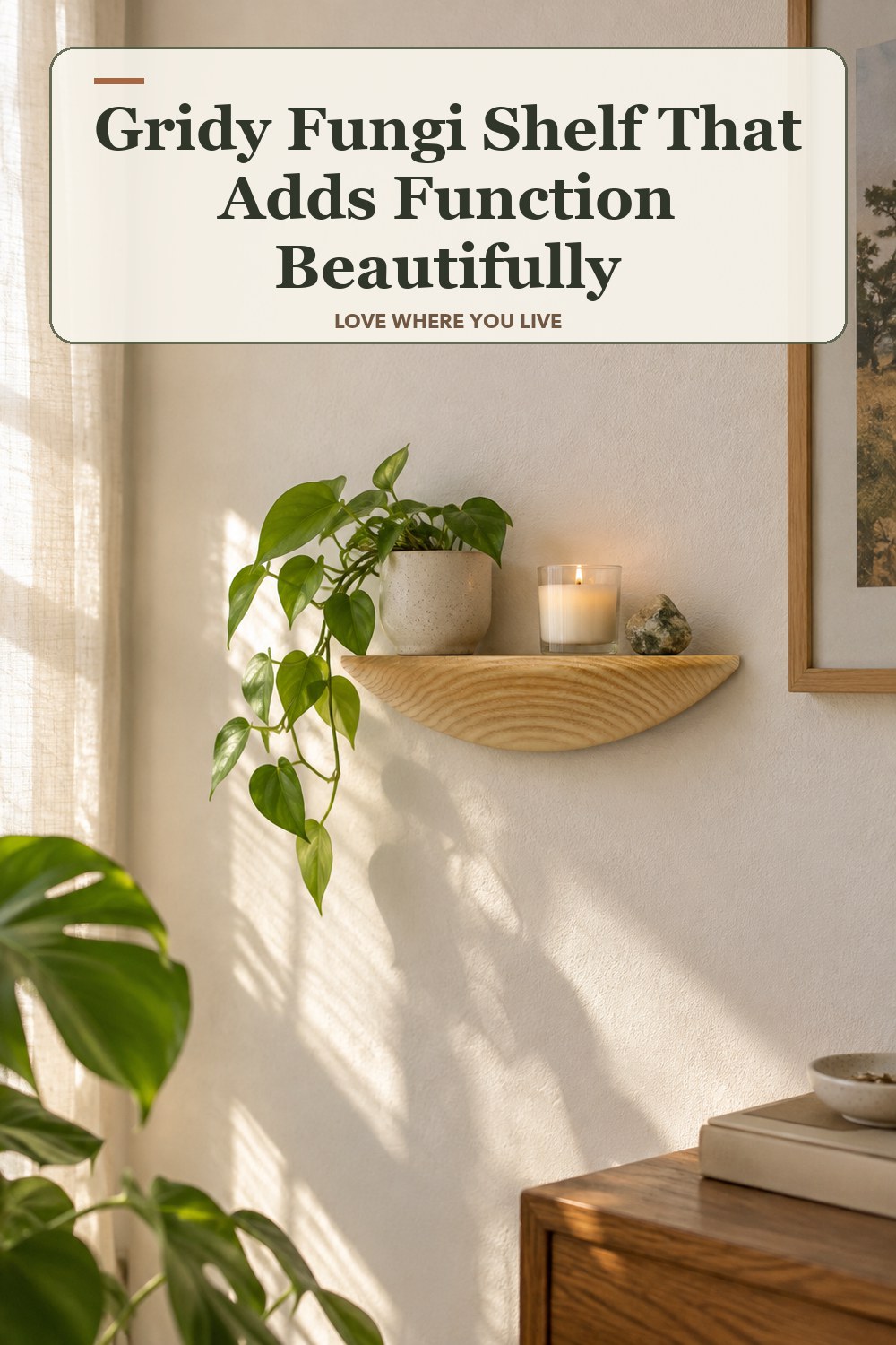 Warm natural-light apartment scene featuring the exact Gridy Fungi Shelf in Light Oak Small: 8.7 in width, with the headline: Gridy Fungi Shelf That Adds Function Beautifully.