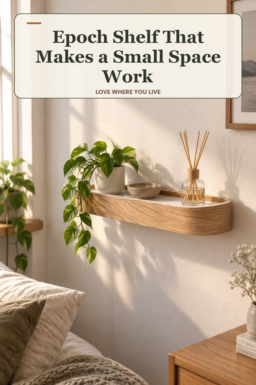 Warm natural-light apartment scene featuring the exact Epoch Shelf in Natural Oak Fog Small: 19.7 in width, with the headline: Epoch Shelf That Makes a Small Space Work.