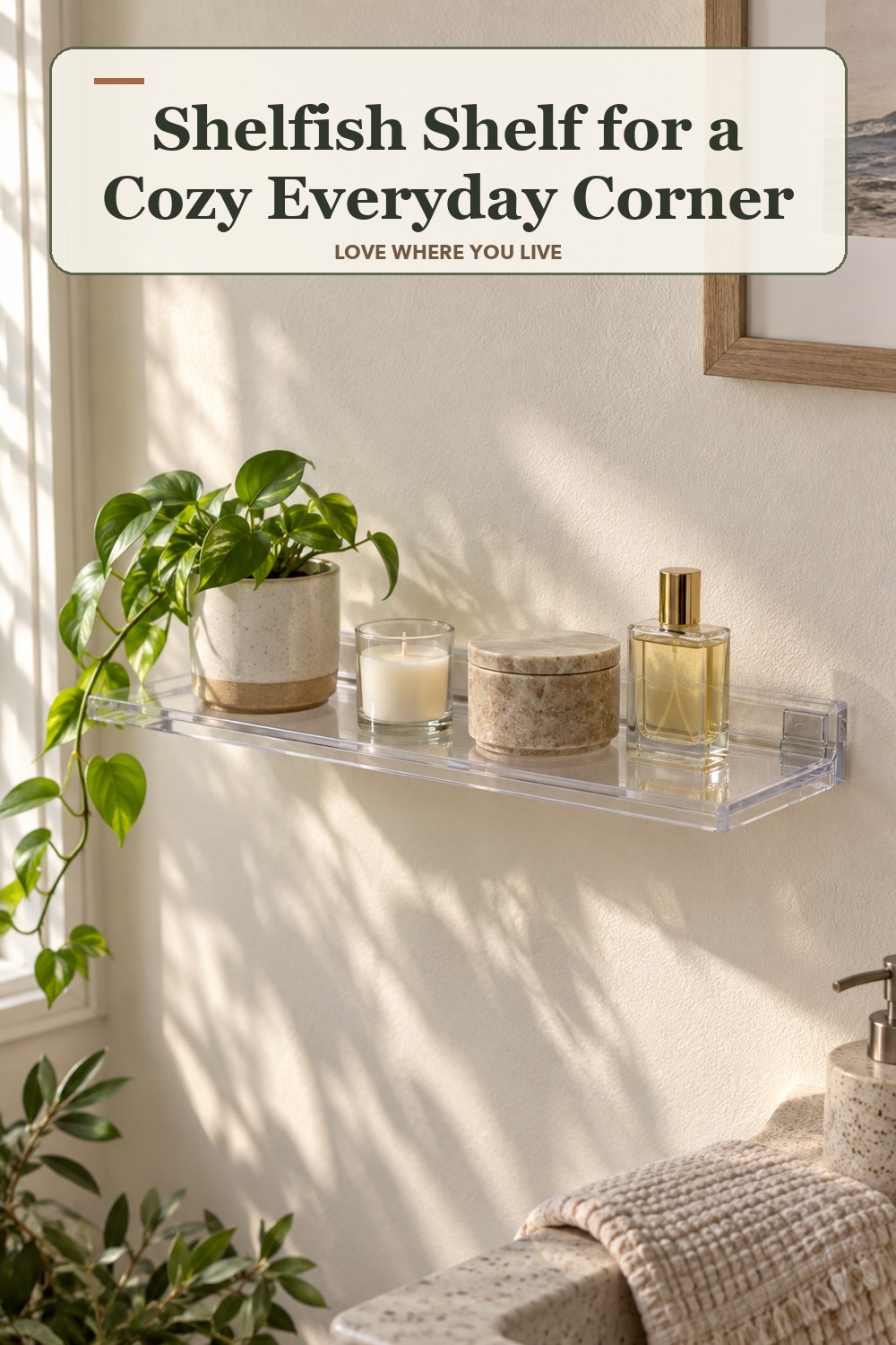 Warm natural-light apartment scene featuring the exact Shelfish Shelf in Crystal, with the headline: Shelfish Shelf for a Cozy Everyday Corner.