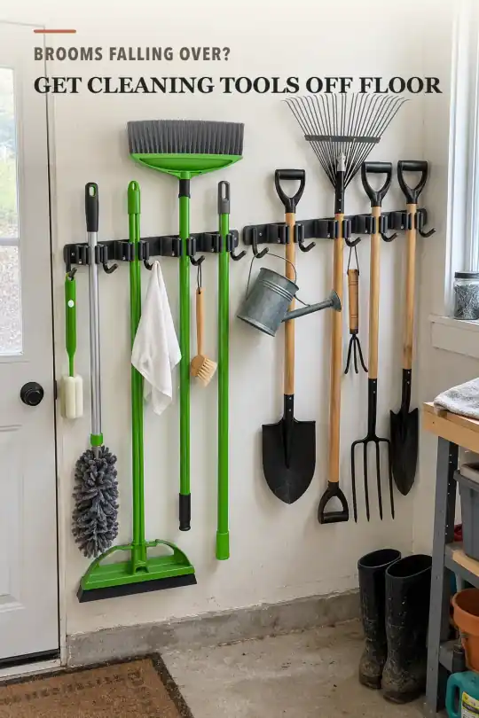 Wall-Mount Broom Holder for Cleaning Tool Organization Ideas