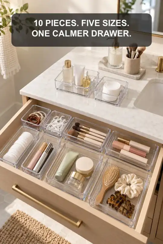 10-Piece Clear Bathroom Drawer Organizers in Five Sizes; styling illustration
