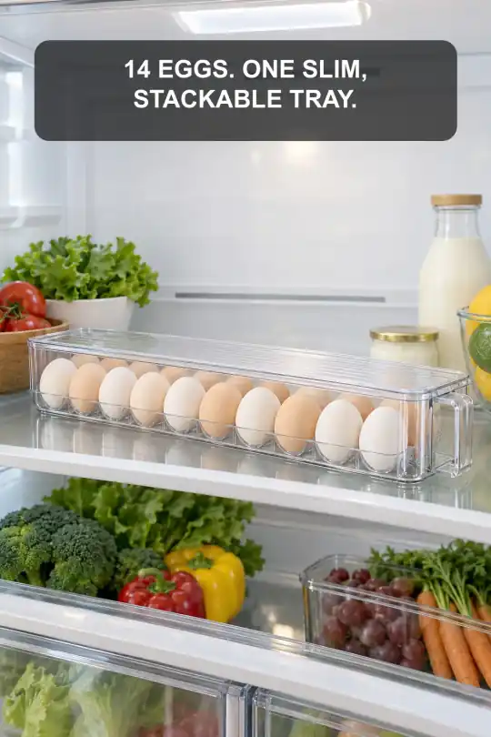 Slim Clear Egg Holder with Lid for 14-Egg Fridge Storage; styling illustration