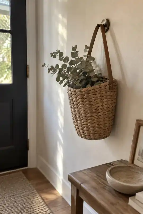 Better Homes & Gardens Water Hyacinth Hanging Decorative Basket with Faux Leather Strap; styling illustration