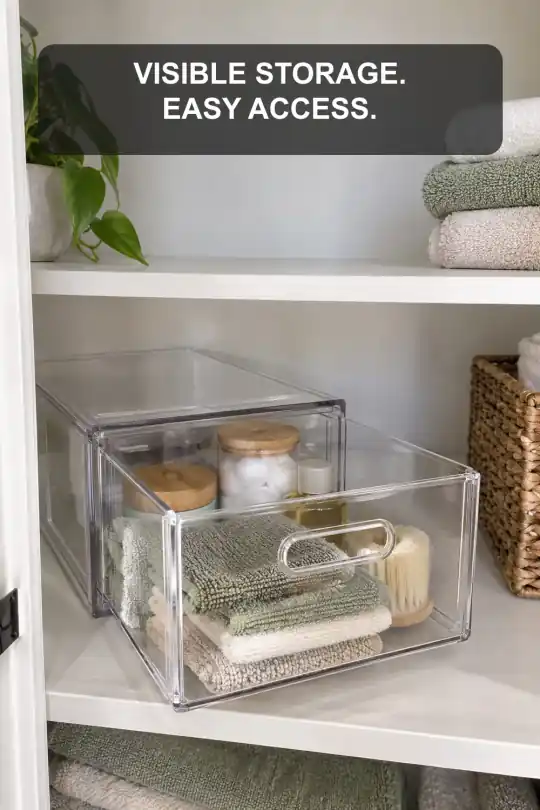 Clear Pull-Out Drawer for Visible Bathroom Shelf Storage; styling illustration