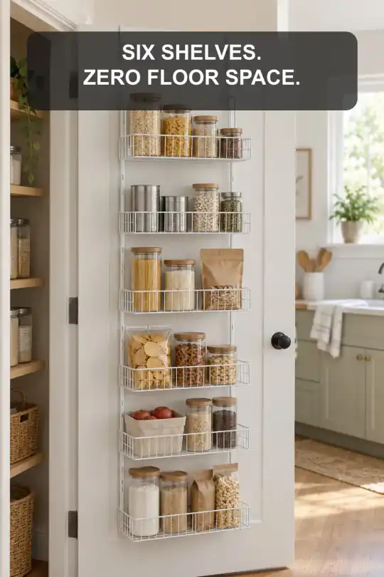 Over-the-Door Pantry Organizer with Six Adjustable Shelves; styling illustration