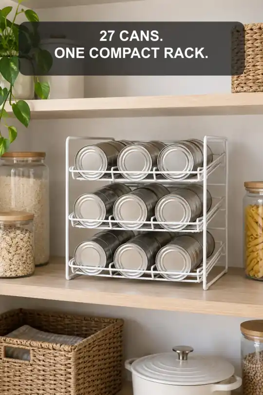 Three-Tier Can Dispenser for Compact Pantry Shelf Storage; styling illustration