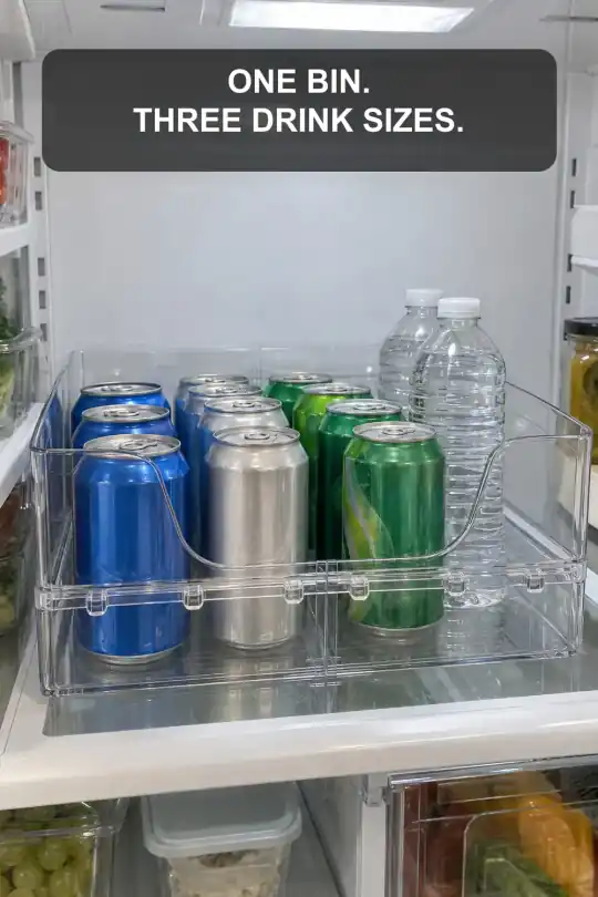 Expandable Drink Organizer for Clear, Flexible Fridge Storage; styling illustration