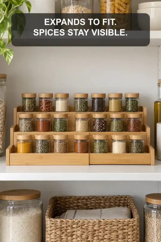 Expandable Bamboo Spice Rack for Visible Three-Tier Storage; styling illustration