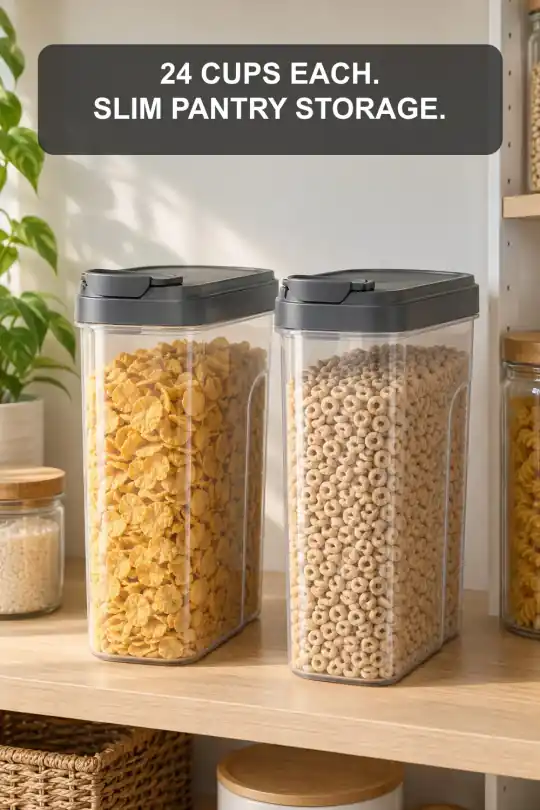 Two Slim 24-Cup Cereal Keepers for Easier Pantry Pouring; styling illustration