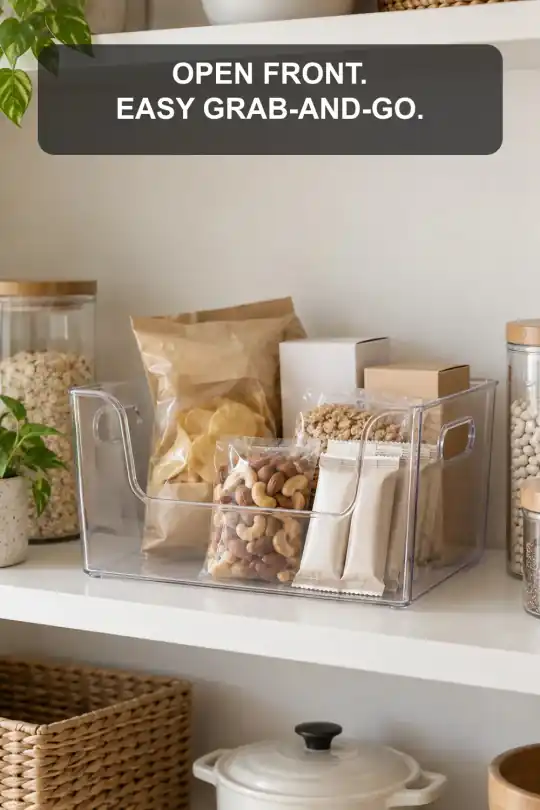 Clear Scoop-Front Pantry Bin for Fast Grab-and-Go Storage; styling illustration