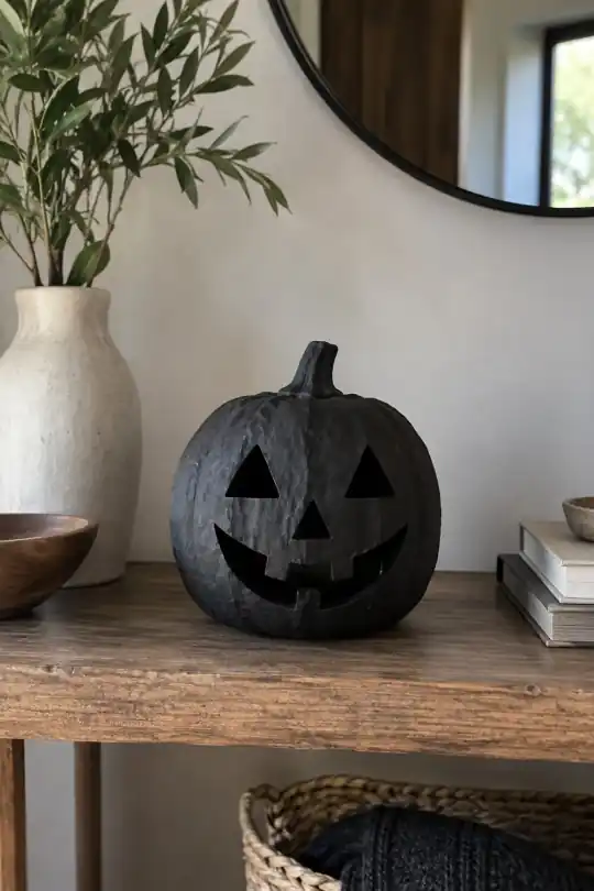 Paper Mache Jack-o-Lantern, Black, 8.3 in, Halloween by Way To Celebrate; styling illustration
