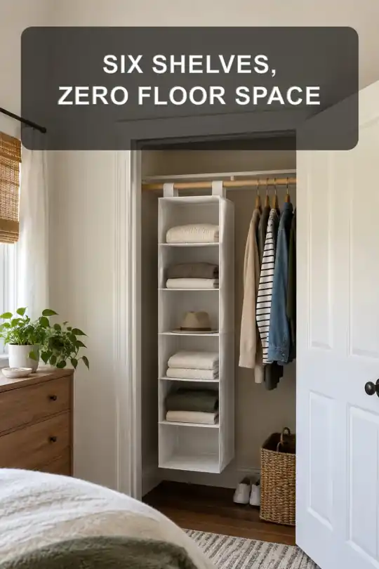 Six-Shelf Hanging Closet Organizer for Vertical Storage; styling illustration