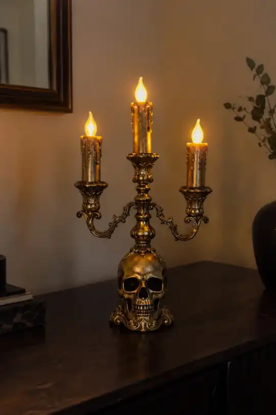 Light-Up Skull Candelabra, Gold, 13.8 in, Halloween by Way To Celebrate; styling illustration