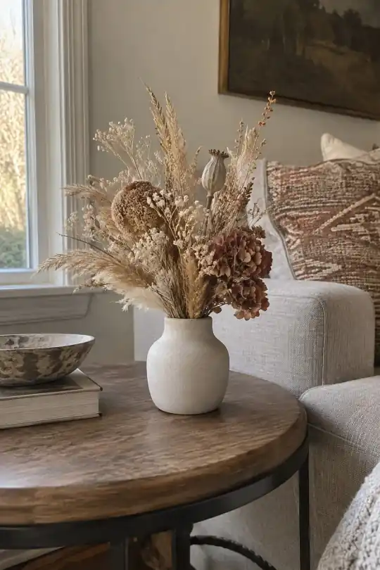 Better Homes & Gardens Dried Floral Arrangement in Ceramic Vase, 12 in; styling illustration