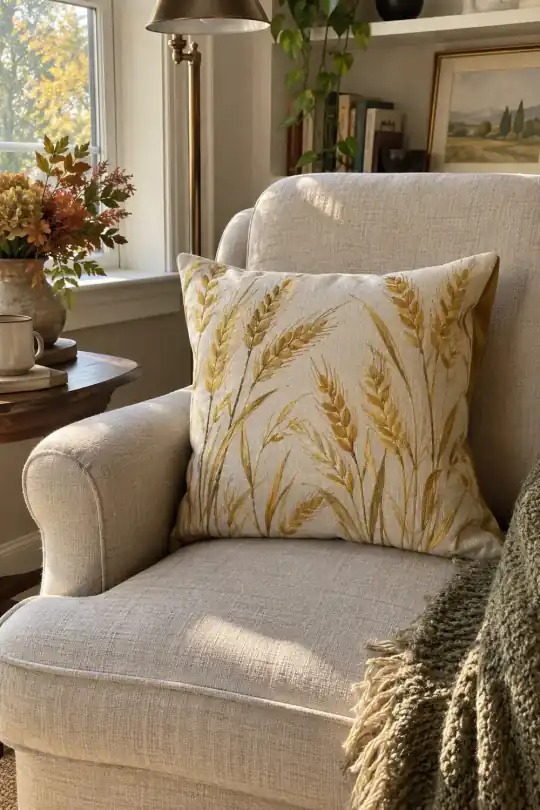 Yellow Wheat Reversible Decorative Pillow, 18 x 18 in, Fall by Way To Celebrate; styling illustration
