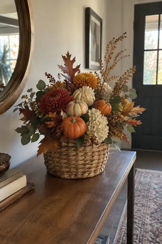 Pumpkins and Flowers Arrangement in Woven Basket, 10 x 18 in, Fall by Way To Celebrate; styling illustration