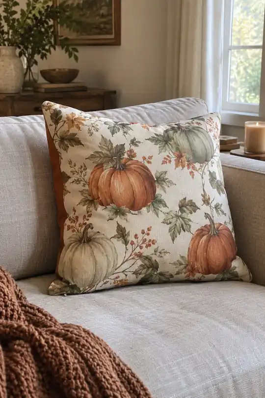 Harvest Pumpkins Decorative Pillow, 18 x 18 in, Fall by Way To Celebrate; styling illustration