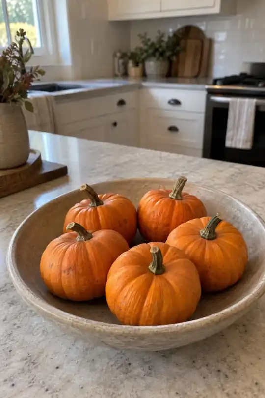 Fresh Mini Pumpkins, 5 Count Bag; styling illustration