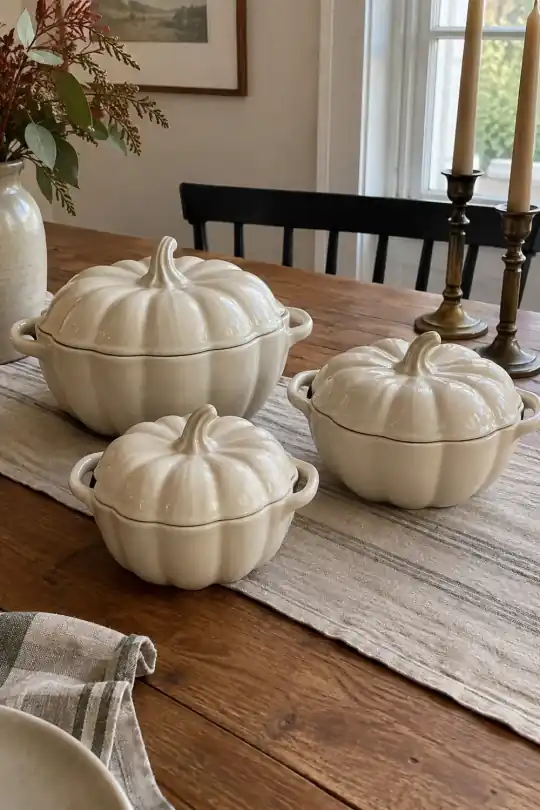 Better Homes & Gardens Cream Figural Pumpkin Stoneware Cocotte Set with Lids, 3 Piece; styling illustration