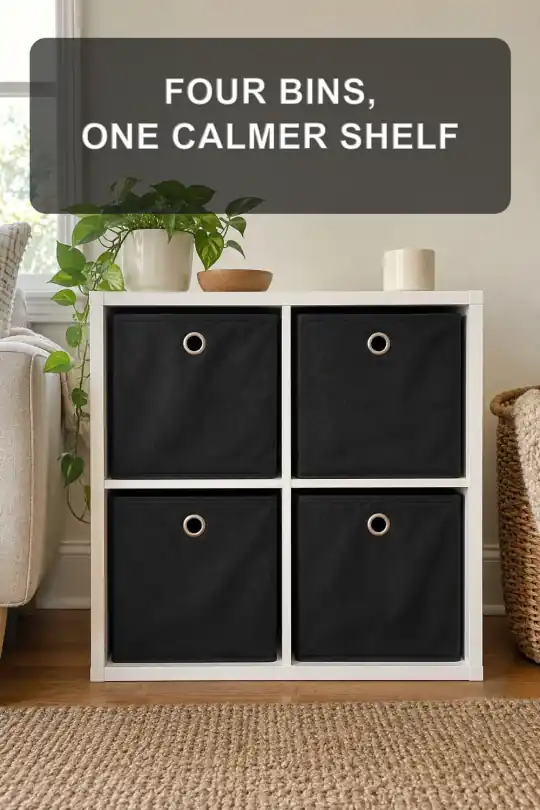 Black Fabric Storage Bins for a Calmer, More Organized Cube Shelf; styling illustration