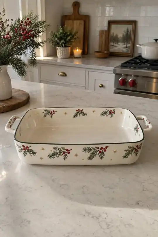 Better Homes & Gardens Holiday Pattern Stoneware Rectangular Baking Dish, 9 x 13 in; styling illustration