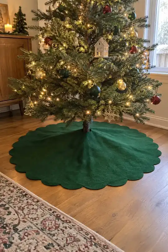 Felt Scalloped Christmas Tree Skirt, Green, 48 in, by Holiday Time; styling illustration