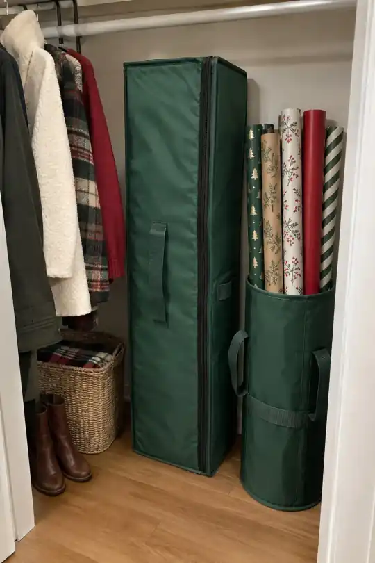 Hearth & Harbor Holiday Wrapping Paper Storage Box and Roll Organizer Set, Green; styling illustration