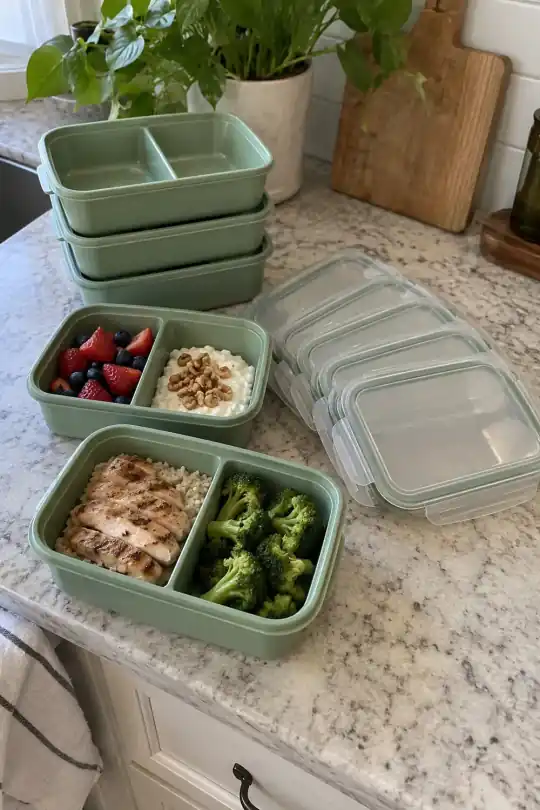 Mainstays 2-Compartment Meal Prep Containers with Lids, Green, 10 Piece, 3.8 Cups; styling illustration
