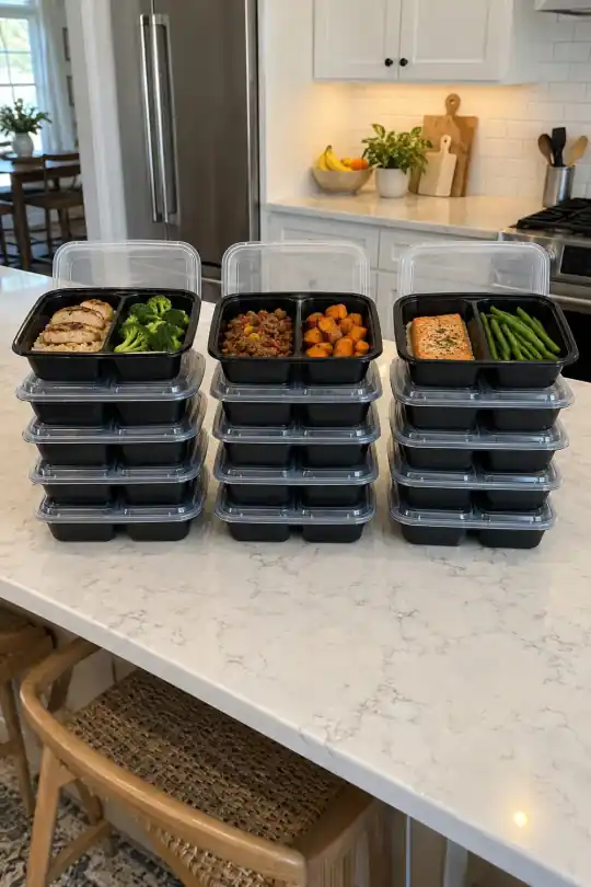 Mainstays 2-Compartment Meal Prep Containers with Lids, 15 Pack, 3.78 Cups; styling illustration