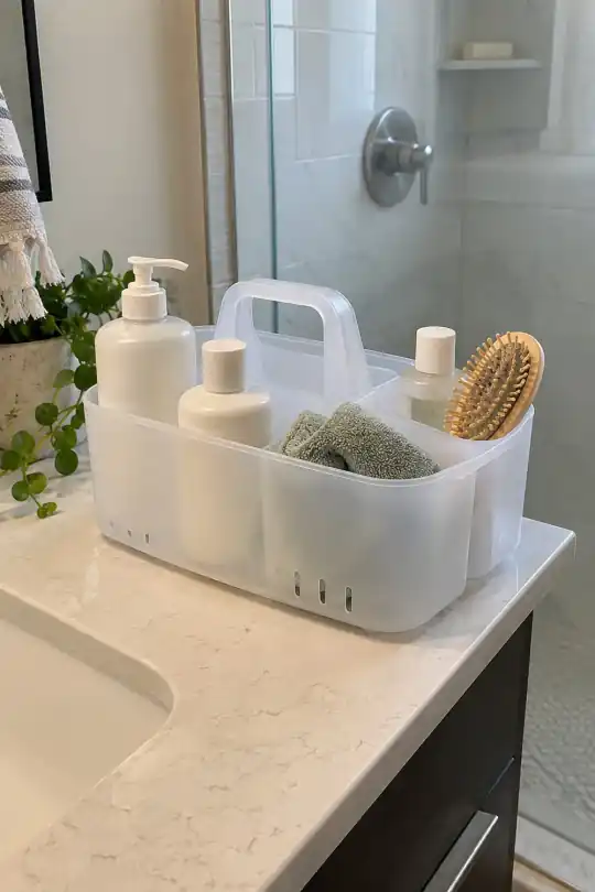 Mainstays Portable Shower Caddy, Frosty White; styling illustration
