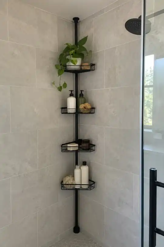 Mainstays 4-Tier Tension Pole Shower Caddy, Black; styling illustration