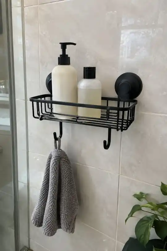 Better Homes & Gardens StyleGrip Suction Mount Shower Caddy with Hooks, Matte Black; styling illustration