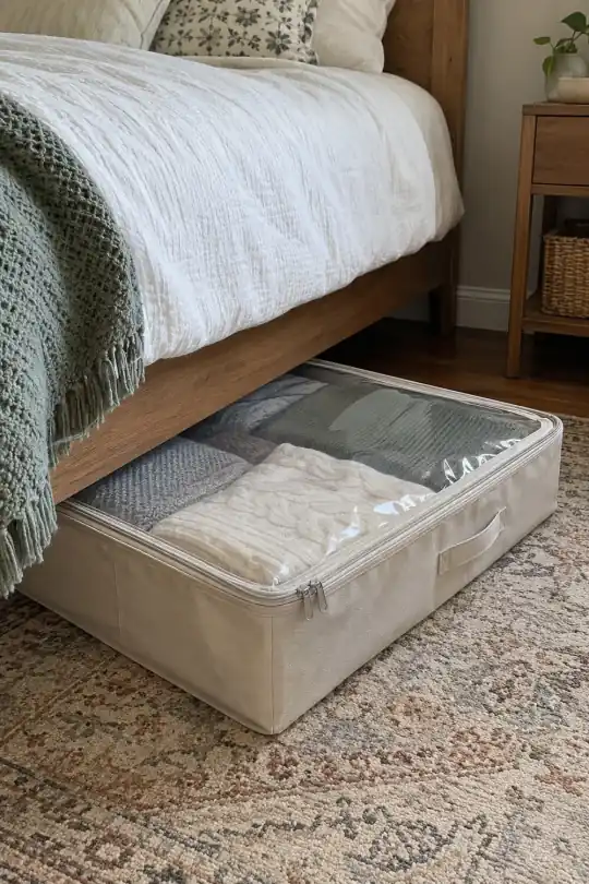 Mainstays Under-Bed Zippered Closet Storage Organizer with Clear Top, Beige; styling illustration