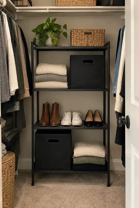 Mainstays 4-Shelf Closet Organizer with 2 Fabric Bins, Black; styling illustration