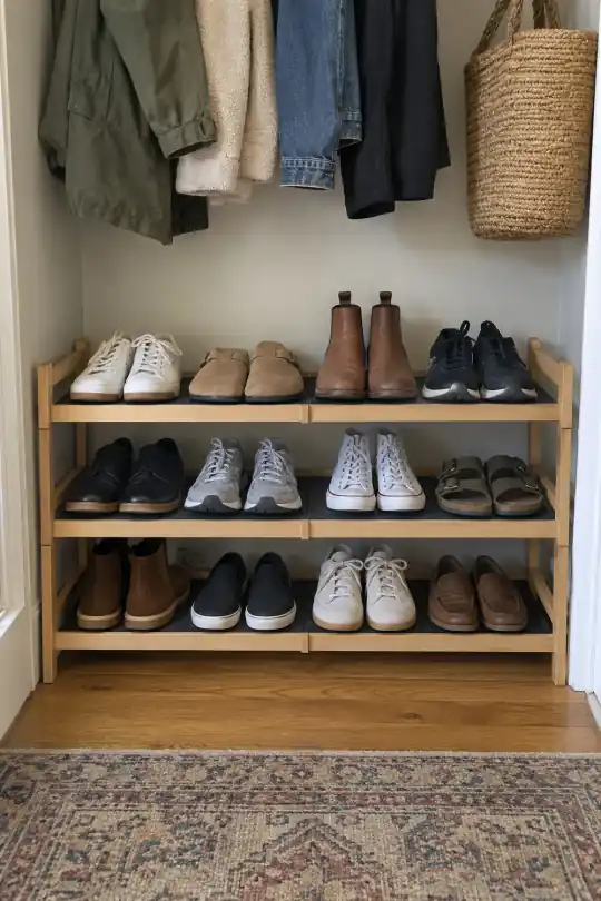 Expandable Three Tier Wood Shoe Rack for a Tidy Entryway