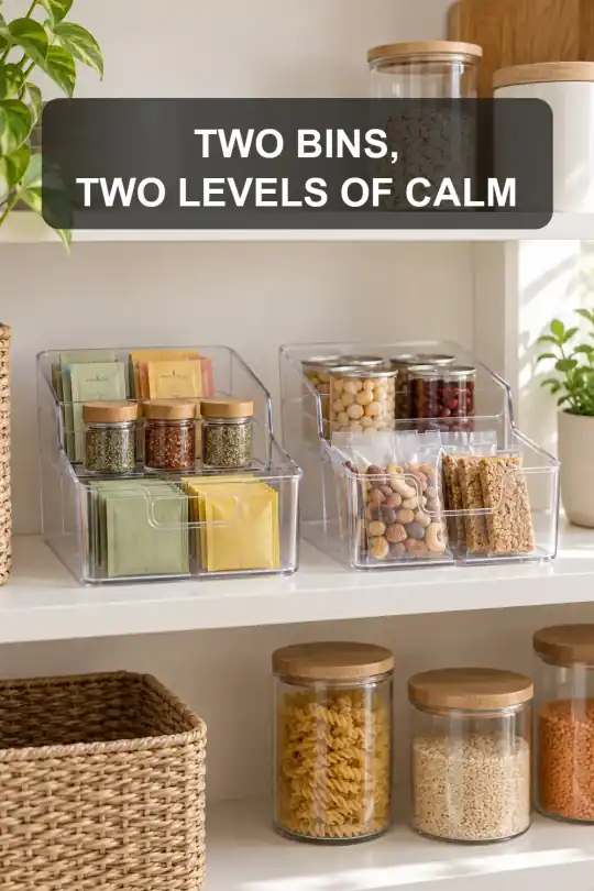 Two-Tier Clear Pantry Bins for Easier Shelf Organization; styling illustration