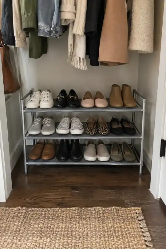Mainstays 3-Tier Gray and Silver Metal Shoe Rack, Holds up to 12 Pairs; styling illustration