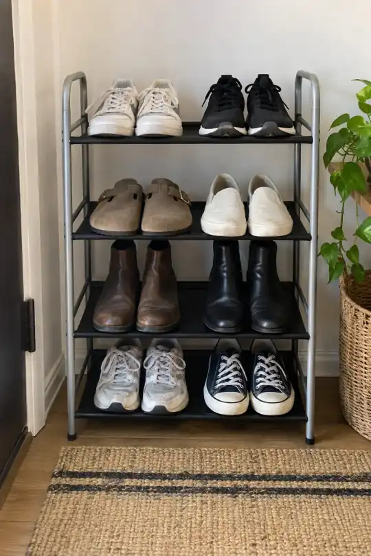 Mainstays 4-Tier Shoe Rack, Black and Silver, Holds 8 Pairs; styling illustration