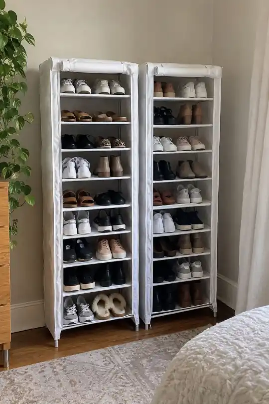 White Covered Shoe Organizers Two Pack for a Tidy Entryway