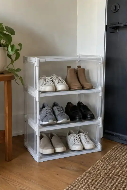 Mainstays 3-Tier Collapsible Shoe Organizer, Clear and White; styling illustration